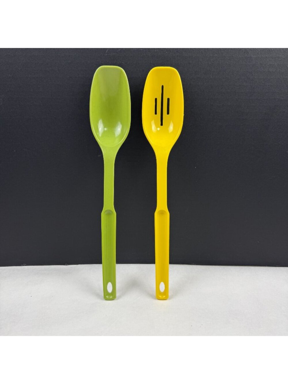 Vintage Lustro Ware Green Serving and Yellow Slotted Spoons
